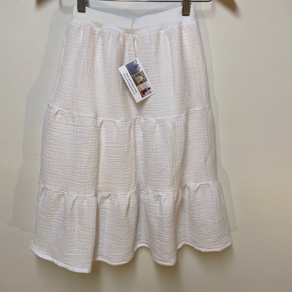 Girls Gauze Mom and Pop's Kids Midi Skirt Size 8 White Cotton Tiered Upcycled